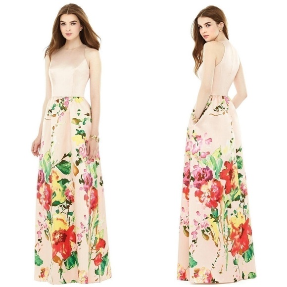 ALFRED SUNG Dresses & Skirts - ALFRED SUNG BLUSH BOUQUET SLEEVELESS FLORAL SKIRT MAXI POCKETS BRIDESMAID DRESS